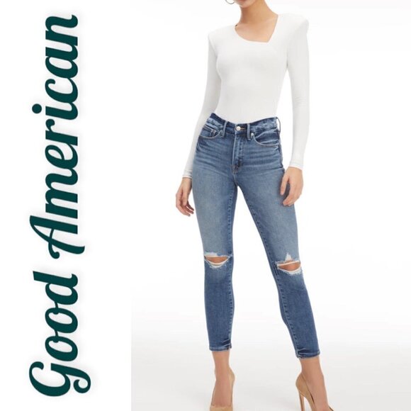 GOOD AMERICAN Good Legs Cigarette High Rise Busted Knee Distressed Jeans, Size 4 - Picture 4 of 13